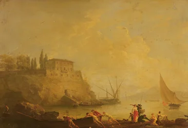 Meereslandschaft, Sonnenuntergang: Fischer schieben ein Boot ins Wasser